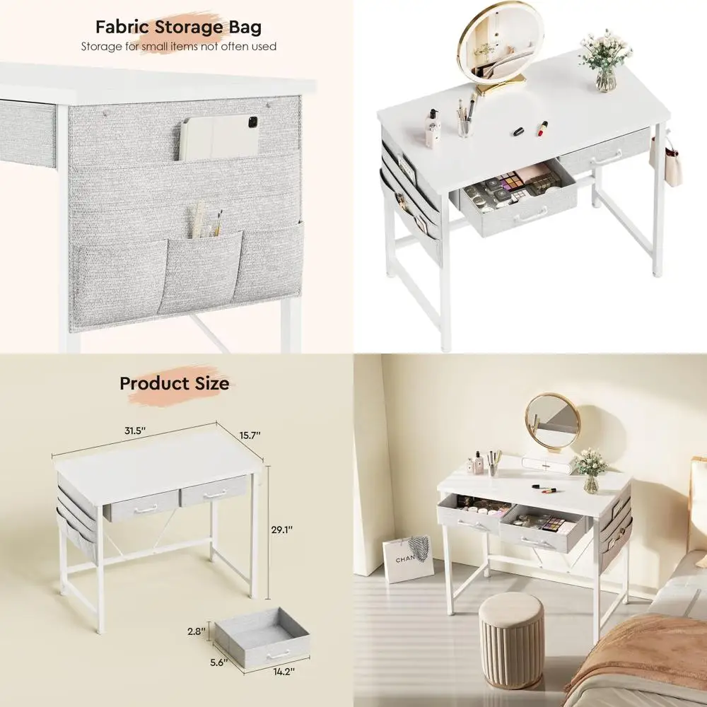 

Compact 31.5 White Metal Frame Desk with Drawers for Small Spaces and Office Use