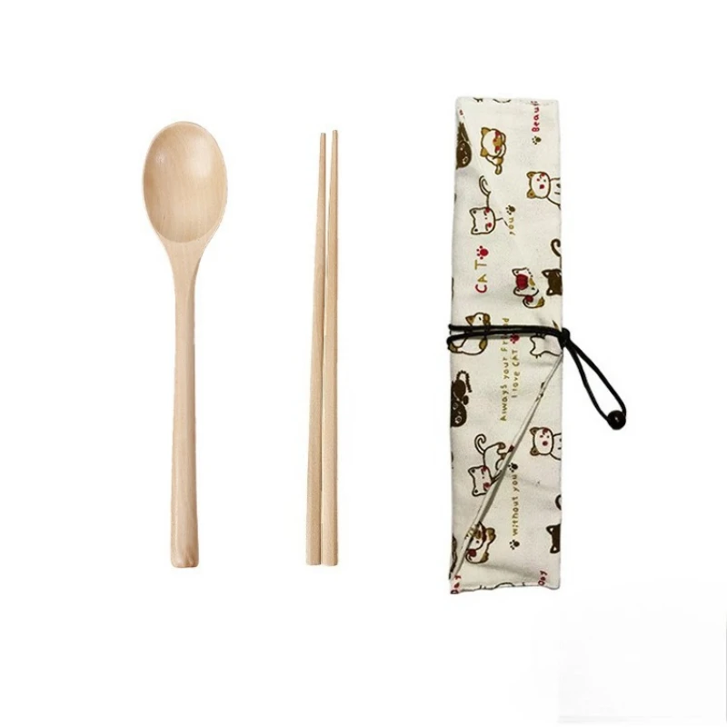 Portable Wooden Spoon and Chopsticks Set, Retro Natural Wood Tableware Kit with Cartoon Storage Pouch for Travel Camping Picnic