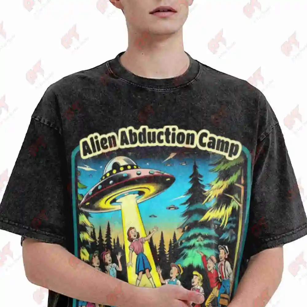 Alien Abduction Camp UFO Vintage Washed Tee Pure Cotton T-Shirt