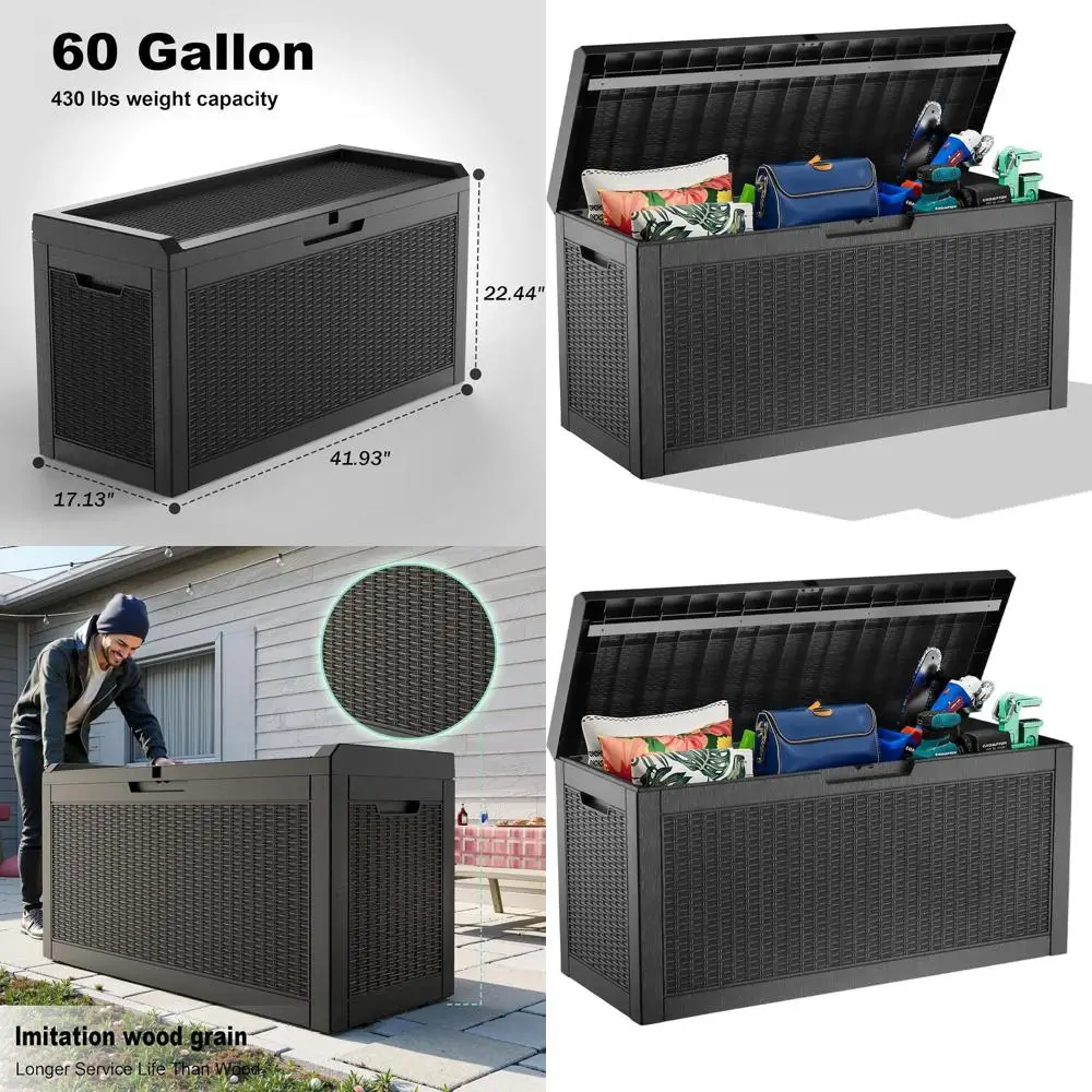 

Уличный ящик для хранения объемом 60 галлонов, устойчивый к УФ-излучению, для сада, патио и веранды - черный