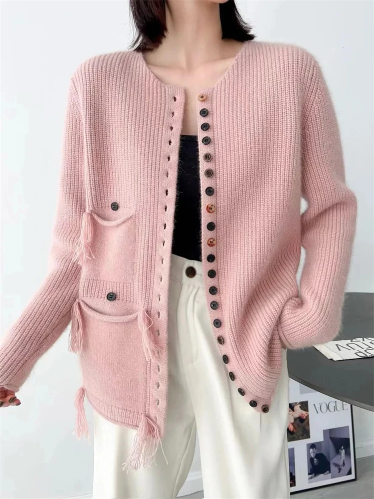 

Новый кардиган из 100% мериносовой шерсти, женский вязаный однотонный свитер с круглым вырезом и карманами, осень-зима, повседневный удобный топ с несколькими пуговицами