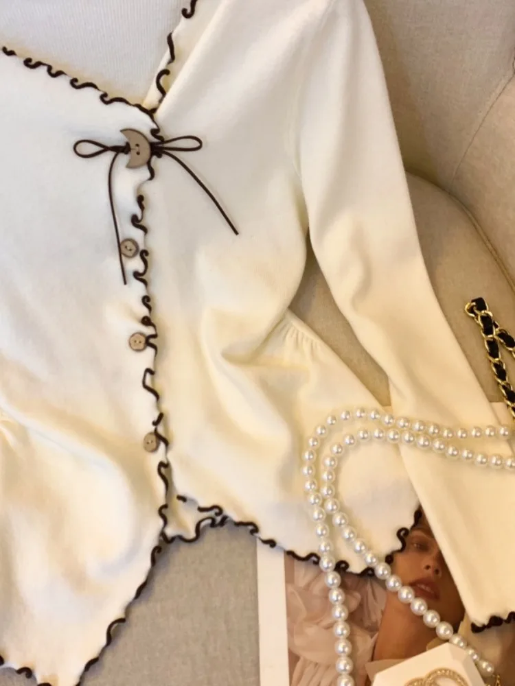 Angola Red Asimmetrico V-ne Maglieria da donna Slim Fit Base Layer Top con orlo arricciato per l'autunno inverno Sweet Sle Long Sve