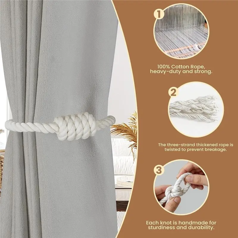 A96K-Decorative Jute Curtain Holdbacks, 6PCS Magnetic Curtain Tiebacks For Draperies,For Home Bedroom Decor