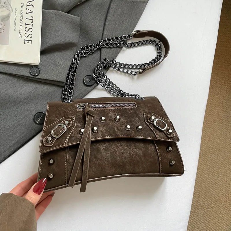 

Trend Chain Shoulder Bag Designer Handbag And Purse Vintage Bag Punk Style Motorcycle Crossbody Bag Female Scrub Leather Bolsas