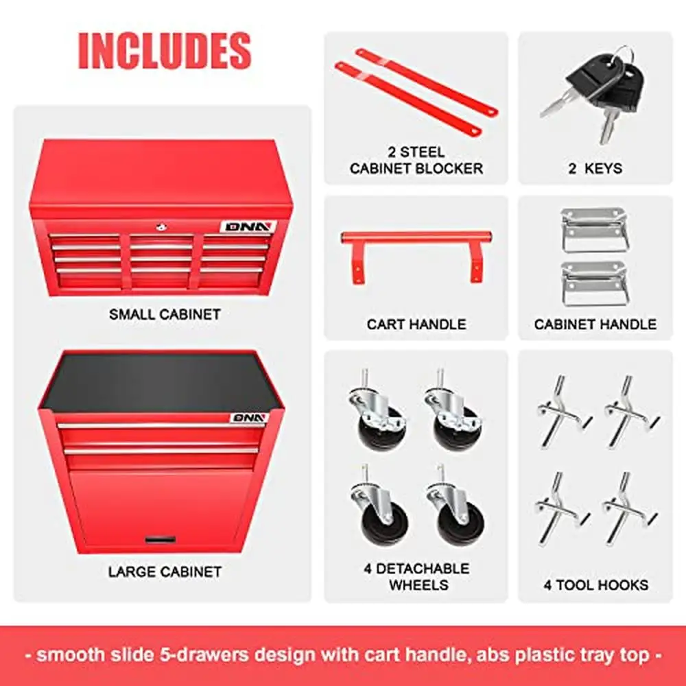 2-in-1 Rolling Cabinet Detachable Toolbox Chest High Storage Lockable Ergonomic Organizer Steel Drawer SmoothSlide AMPLE SPACE