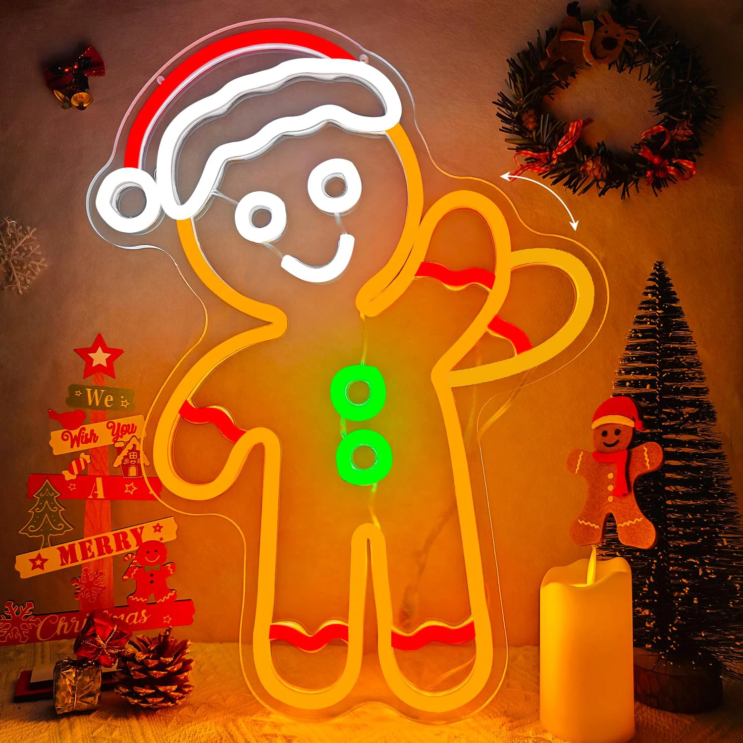手を振るジンジャーブレッドマン-ネオンサイン-壁飾り用-フリッカーデザイン-調光可能-クリスマスライトアップサイン-窓用-ホームパーティーデコレーション