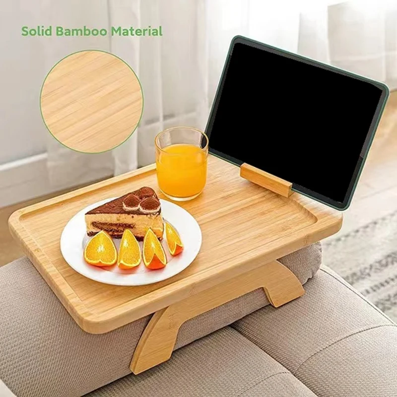 Clip de Sofá en la mesa lateral para sofás anchos, brazo, bandeja de sofá plegable con soporte de teléfono giratorio de 360 ° para comer/bebidas