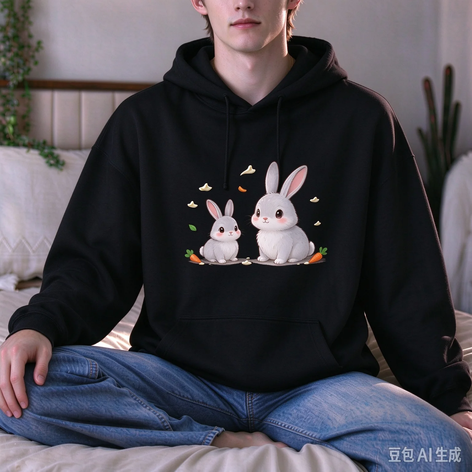 Unisex Cute Cartoon Rabbit Graphic Hoodie, Oversized Pullover Hooded Sweatshirt for Men Women, Casual Animal Print Couple M