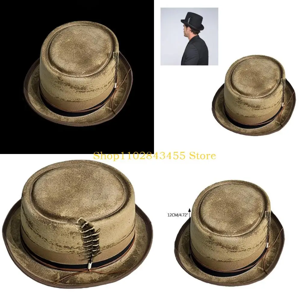 49MC Elegant British Style Felt Trilby Hat Ladies Carnivals Festival Distressed Hat with Feather Fedoras Cap for Gentlemen