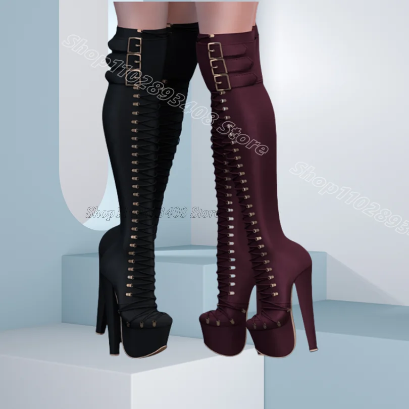 

Black Cross Band Personality Boots Round Toe Chunky Heels Platform Design for Women Over Knee Boots 2024 Zapatos Para Mujere