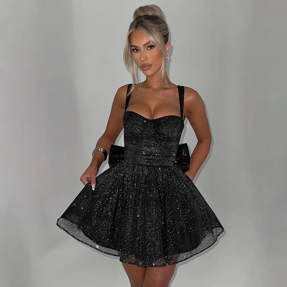 

New women's slim-fit dress, suspender tube top, bright silk bow, slim-fit A-shaped skirt, sexy temperament, elegant high-end clo
