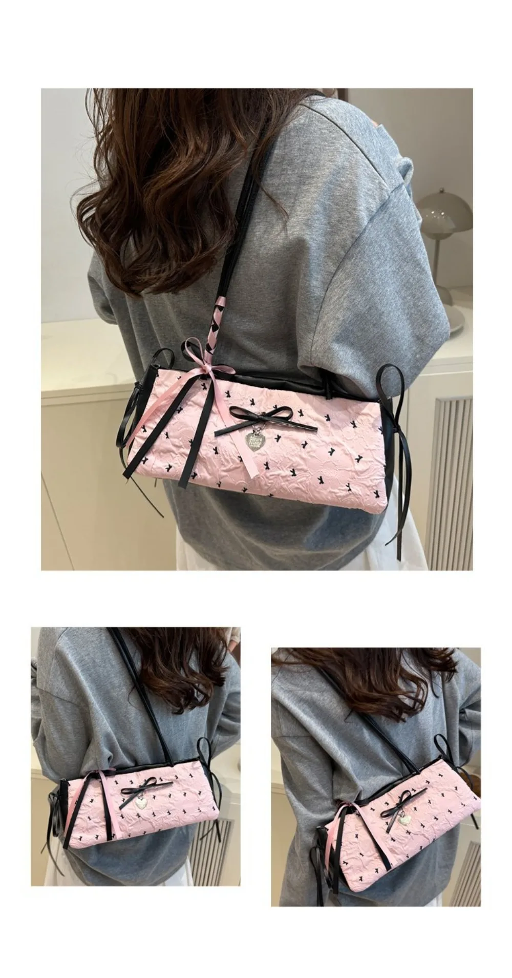 Elegante Damenhandtasche mit koreanischer Schleifendekoration, Nischenstil, PU-Material, quadratische Tasche, Reißverschluss, Unterarmtasche, für den Alltag. – Detail 7