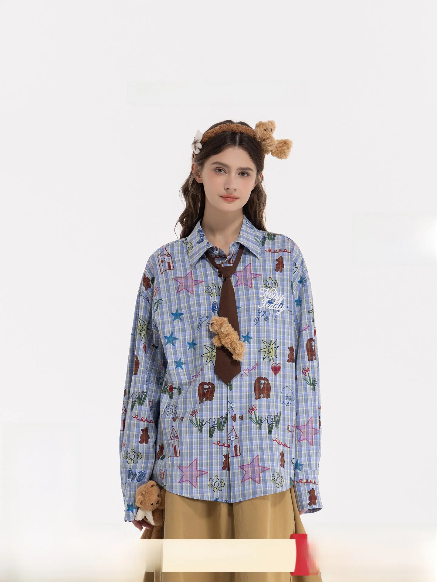 

Spring New Plaid Bear Print Long Sve Loose Women's irt Casual Sle Polyester Blend Comfortable Fabric Fun Children's Theme