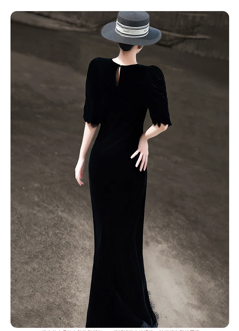 فستان نسائي مخملي من الحرير الطبيعي النقي بأكمام قصيرة ورقبة دائرية، يتميز بقطع قماش من الدانتيل، فستان طويل أنيق على الطراز النبيل. #2