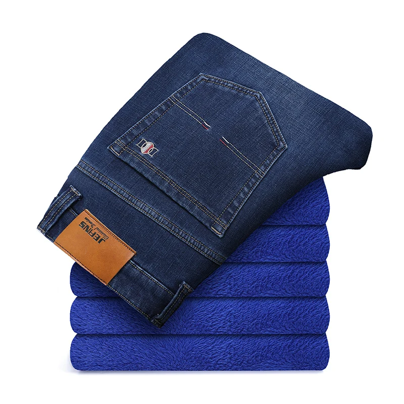 Men's Fleece Thick Jeans New 2025 Business Smart Casual Stretch Warm Winter Jeans Men 42 44 46 Blue Blue Black