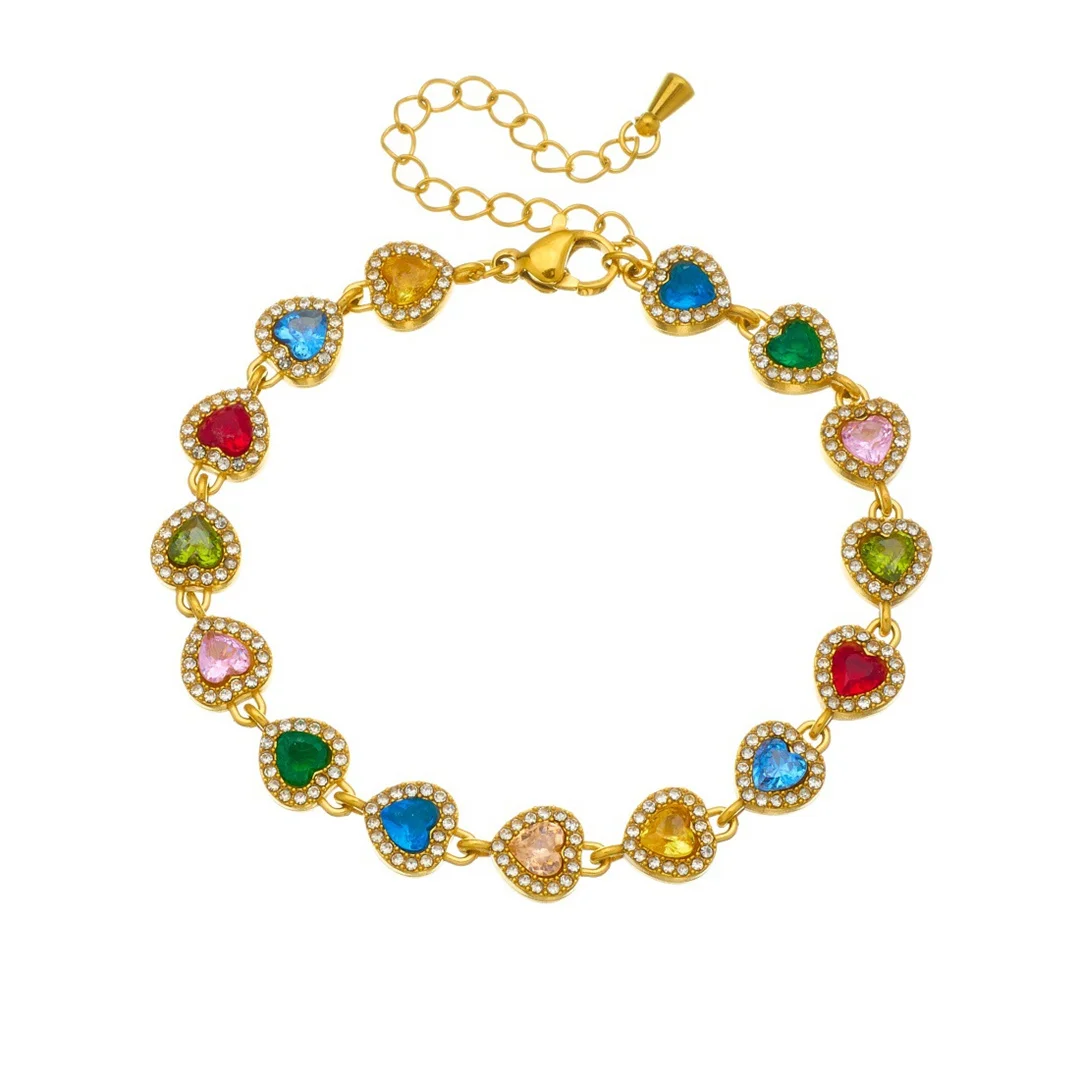 Punk Iced Out Multicolor Zirconia Heart Charm Bracelet Gold Color Stainless Steel Tennis Chain Link Bracelet for Woman Jewelry
