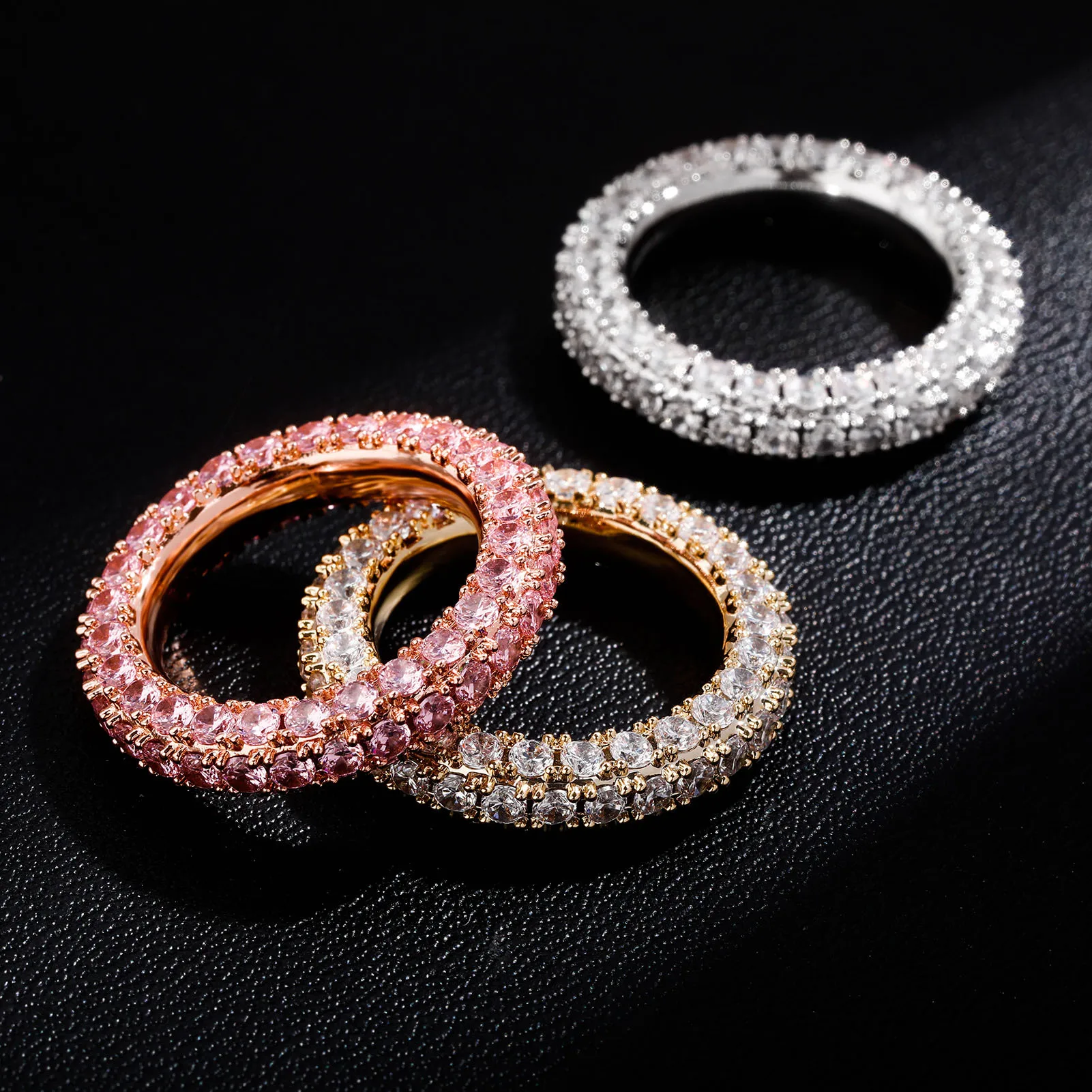 Hip-hop Narrow Couples Rings Copper Gold-plated Micro-inlaid Ring Rap Trendy Men's Accessory Three-sided Zircon Inlaid Jewelry