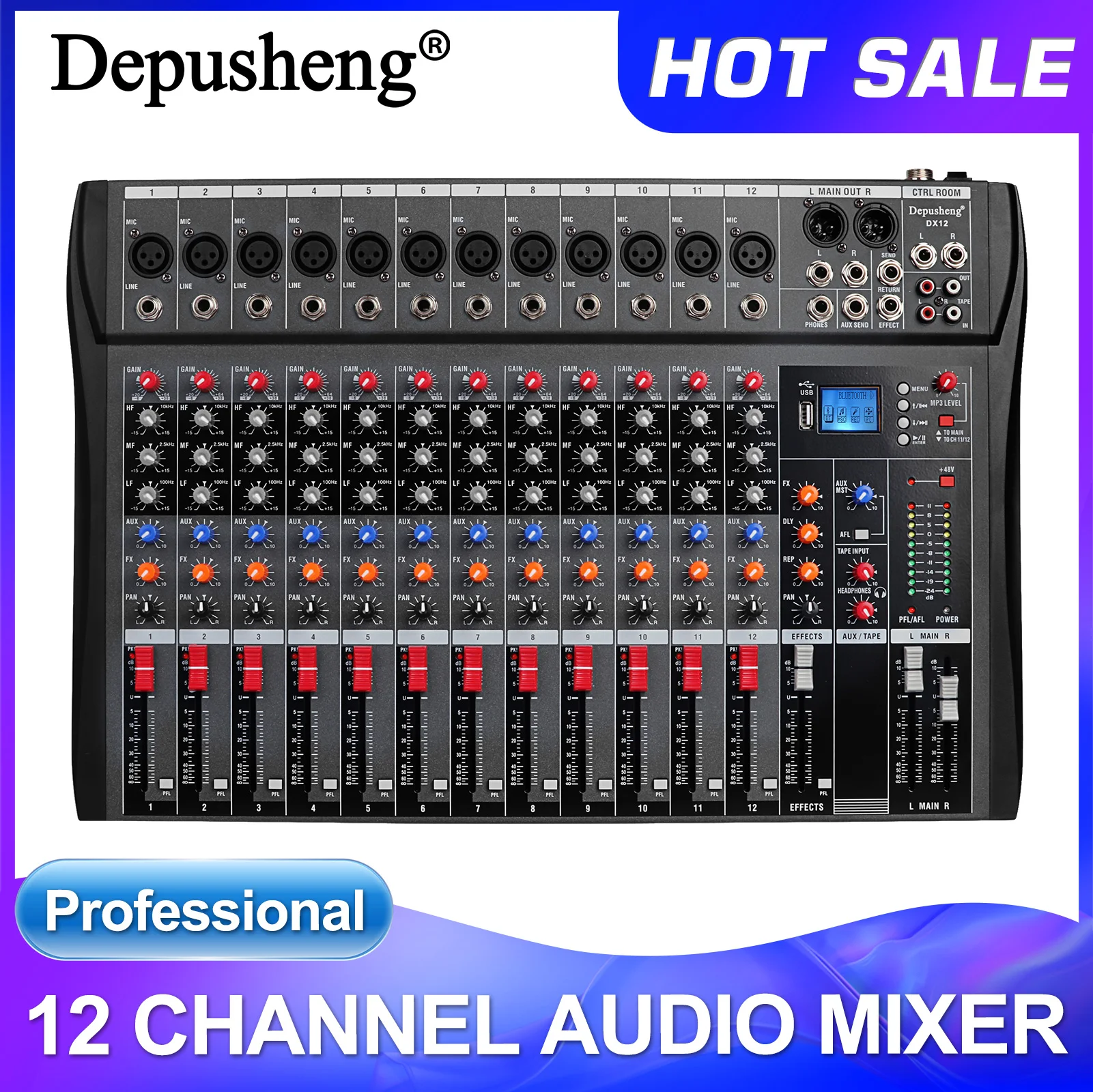 

DEPUSHENG DX12 Professional Audio Mixer 12 Channel Studio Audio Console USB MP3 Input 48v Phantom Power DJ Console