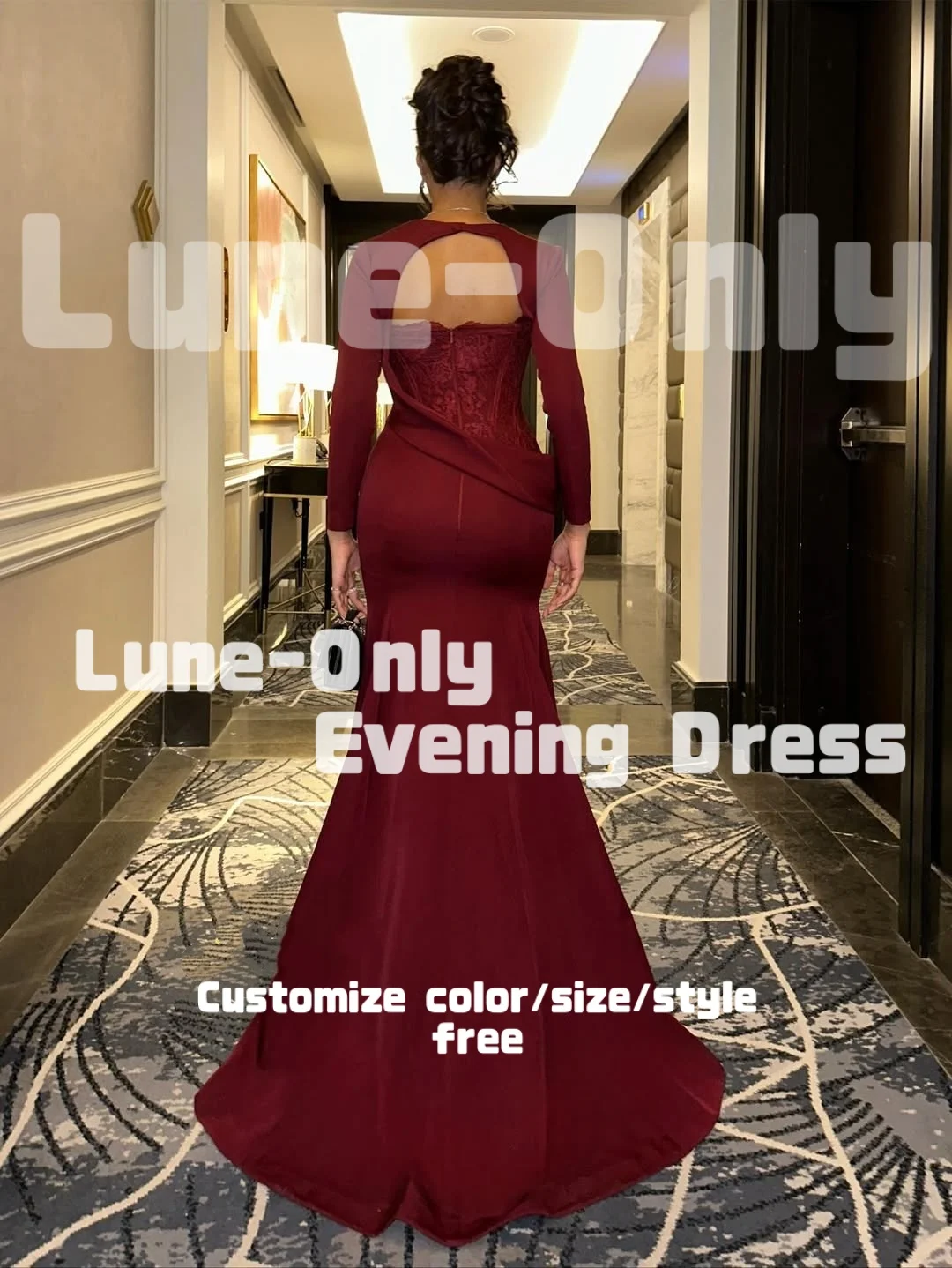 カスタマイズされたバーガンディレースマーメイド長袖イブニングドレス恋人ネックバックレスエレガントパーティードレスウエディングフォーマルドレス
