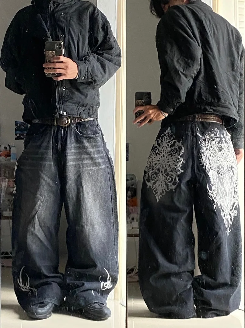 vintage style printing black baggy jeans harajuku trend men women hip hop fashi… - Image 2