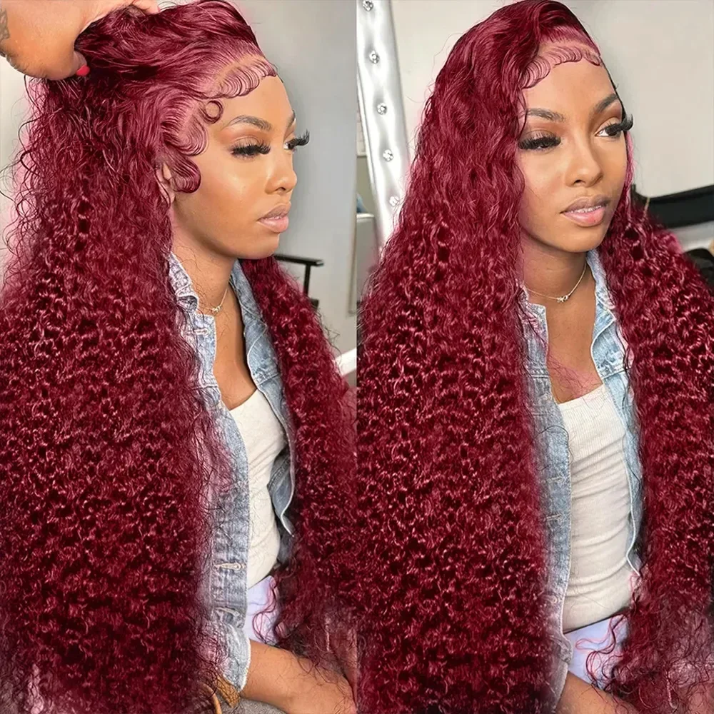 Perruque frontale en dentelle HD 13x4 de 46 pouces, cheveux humains bouclés profonds bordeaux, pré-épilée et pré-décolorée, couleur rouge 99J, perruque frontale en dentelle 13x6