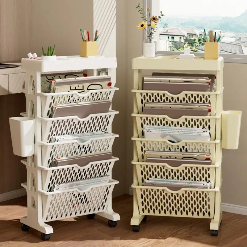 Simple Movable Book Shelf on Wheels Bookshelf Movable Floor Small Cart Book Storage Shelf Pen Holder Office Supplies