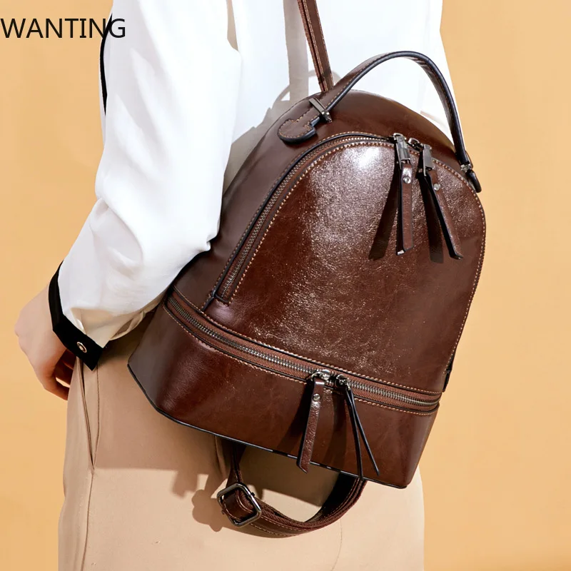 New Genuine Leather Rucksack Female Travel Knapsack High Quality Fashion Design School Daypack Women Oil Wax Cowhide Backpacks