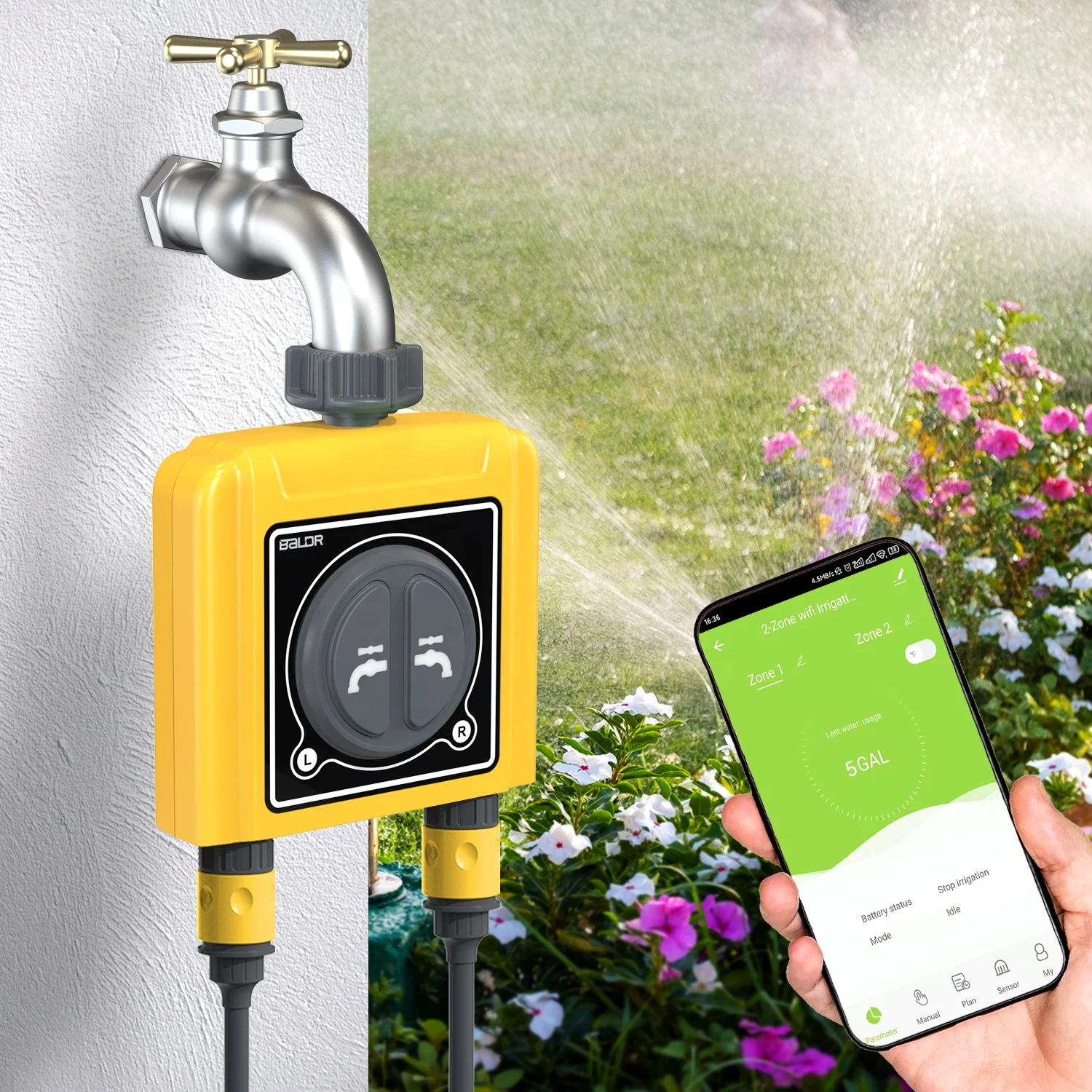 Raindrop 2 zone water timer, with 2.4GHz wi-fi hub intelligent irrigation system rain delay automatic watering