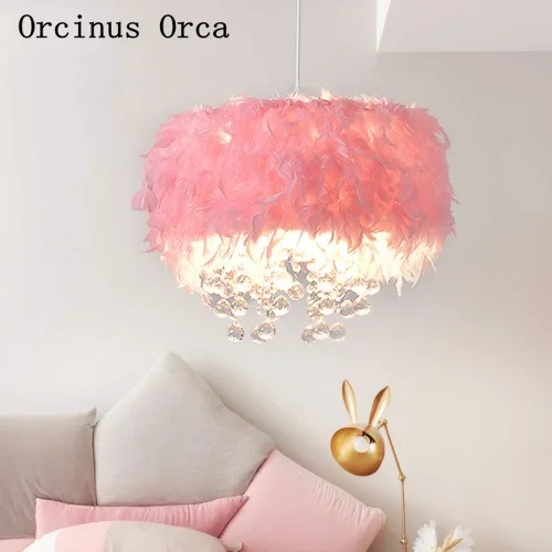 Nordic modern color feather chandelier  Bedroom Princess Room children's room lamp creative pink LED Crystal Chandelier