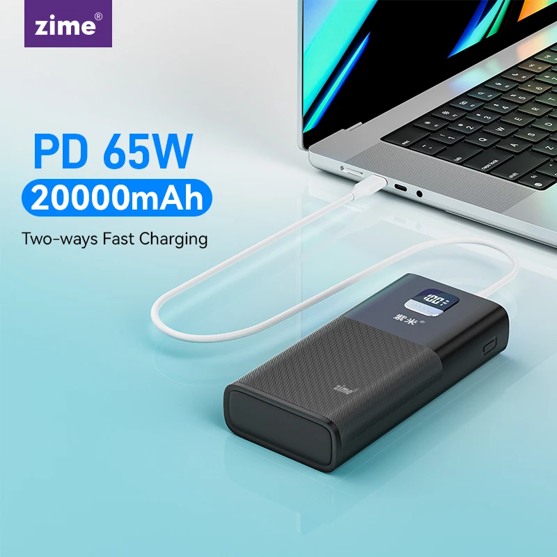 Zime 65W Power Bank 20000mAh With Digital Display PD Fast Charging For Laptop &3 Devices Airplane Safe External Battery Charger