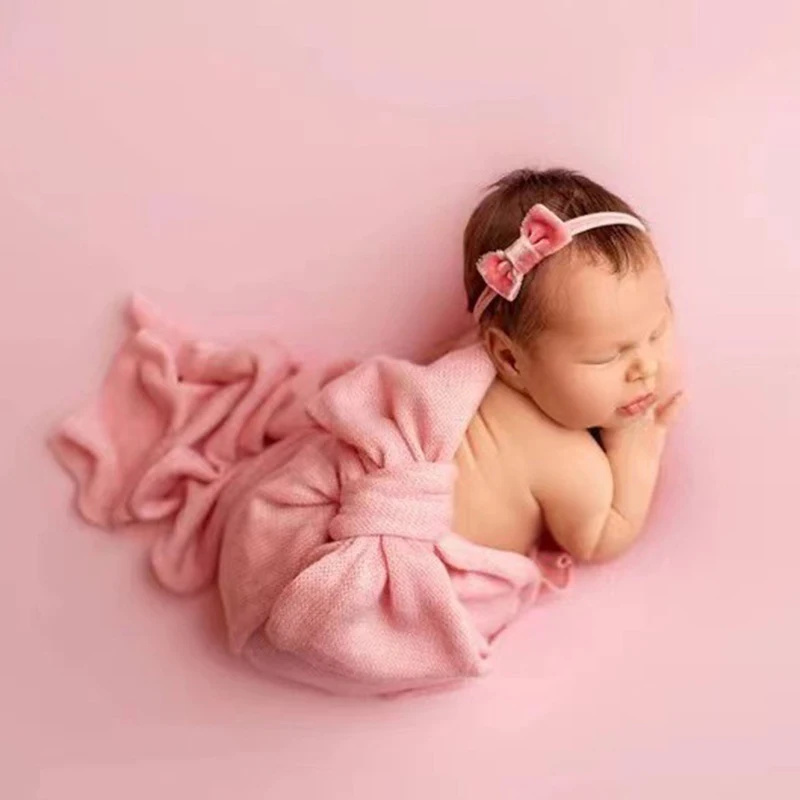 Newborn Baby Photography Wrap Strong Elastic Swaddle Solid Infant Boy Girl Photo Shoot Swaddling Clothes 40*145cm Big Bowknot