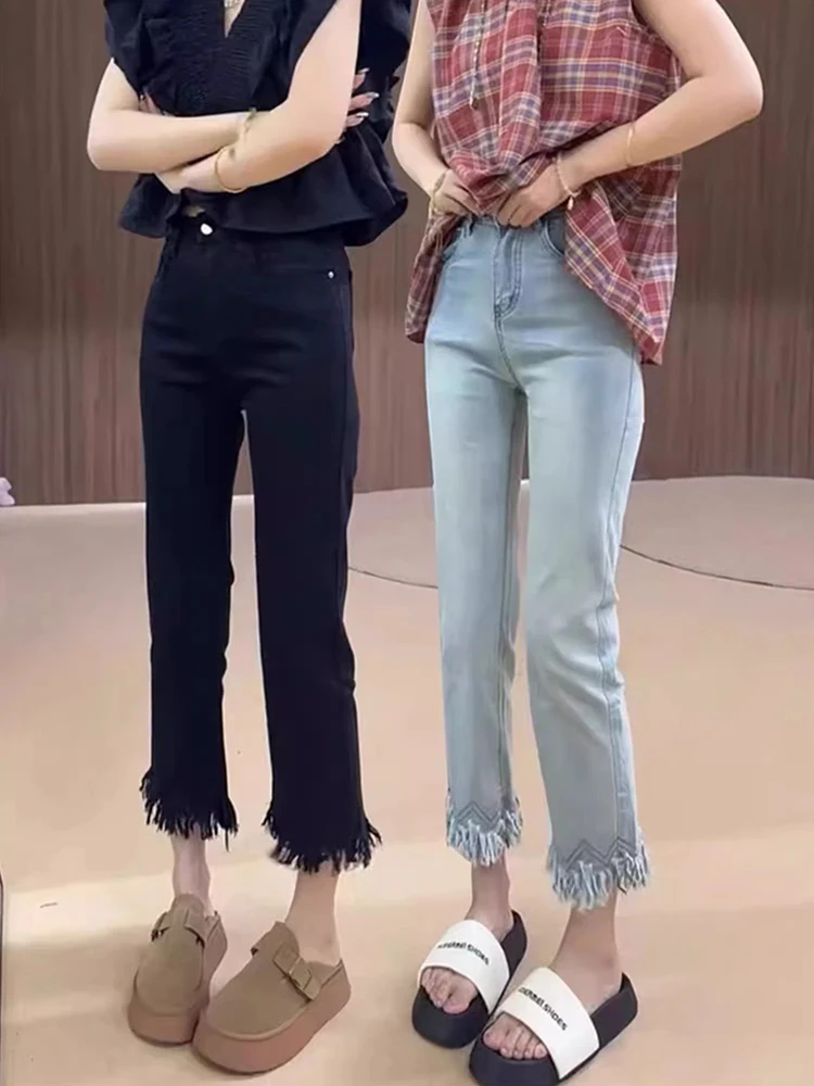 

Джинсы скинни с высокой талией, женские осенние тонкие прямые джинсовые брюки длиной до щиколотки с потертым подолом, большие размеры, эффект похудения