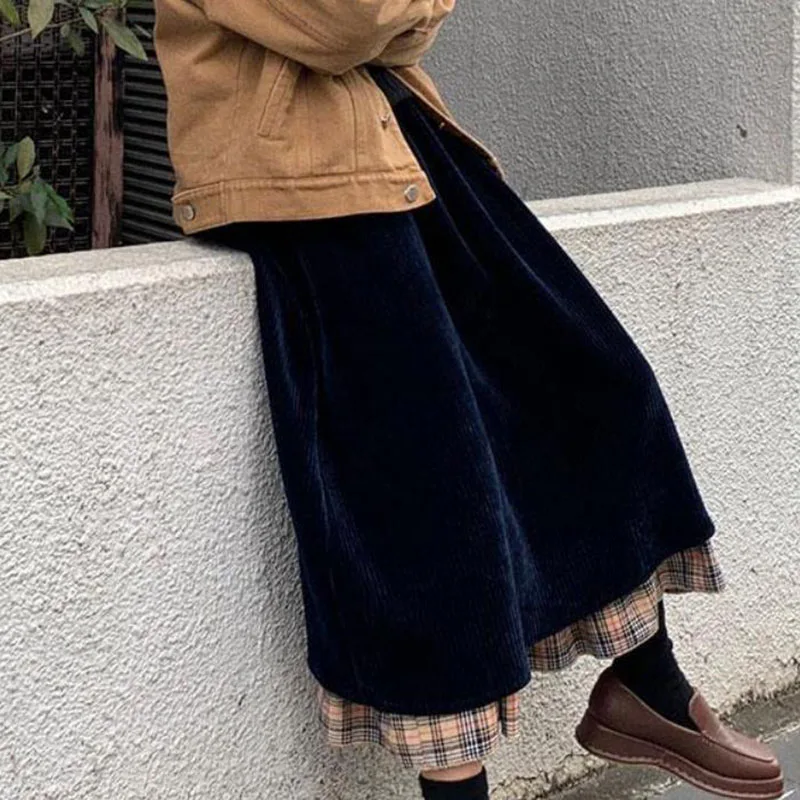 Vintage sztruksowe spódnice midi damskie wysokiej talii Plaid Patchwork spódnice linii jesienno-zimowa casualowe w stylu Streetwear odzież damska