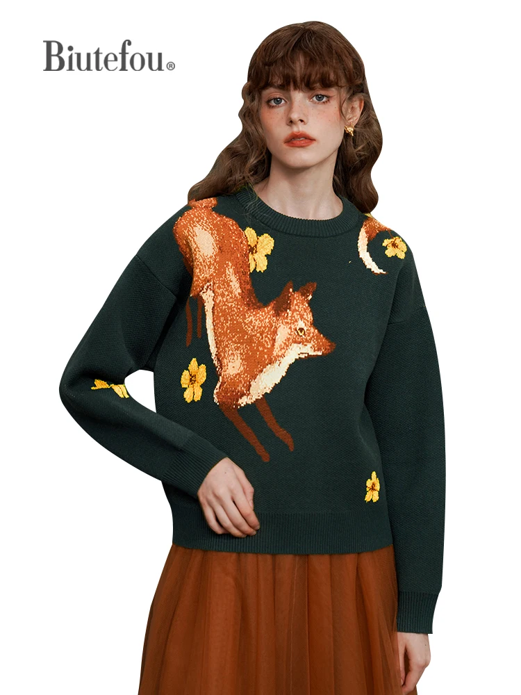 Women's Fox Print Warm Sweater, Artistic Conception