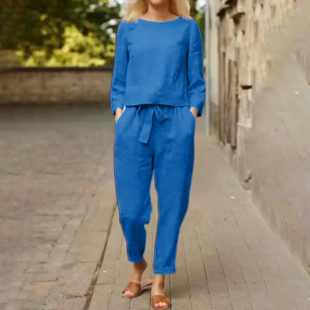 Women Shirt Breathable Elastic Waist Women Two-piece Suit Solid Color O Neck Top Long Pants for Sweat Absorption Two Piece Sets