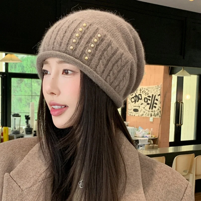 

Twisted-Cuff Rabbit Fur Knit Hat Warm Winter Ear-Covering Women's Knit Hat Versatile Pearl-Trimmed Beanie Slimming Face Effect