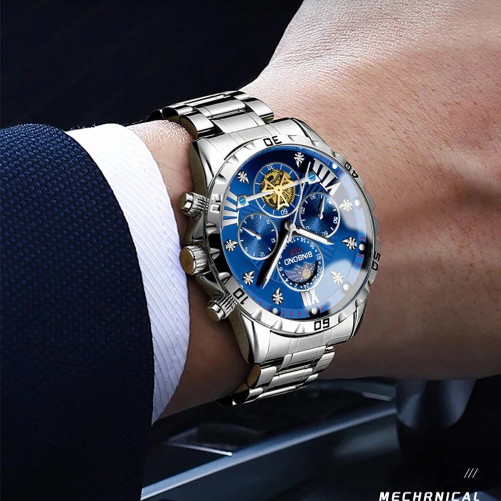 BINBOND رجال الأعمال الساعات العلامة التجارية الأعلى ساعة كوارتز أصلية للرجل مقاوم للماء مضيئة دولاب الموازنة كرونوغراف القمر المرحلة 3103G