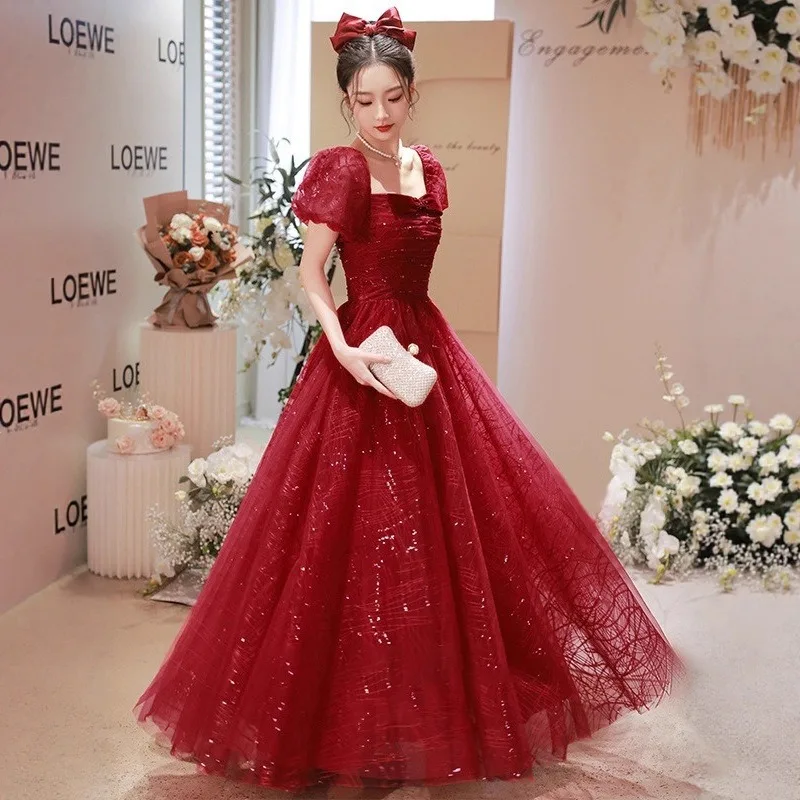 

Новое женское вечернее платье 2026 года, винно-красное, из сетки, для невесты, для торжеств, модное, стройнящее, банкетное, длинное, с завязками на спине