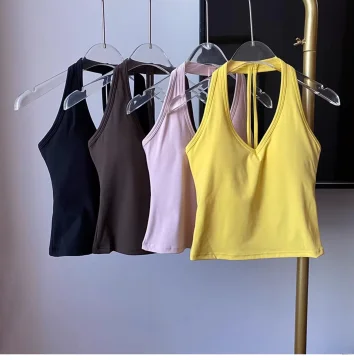 Women's Sexy V-Neck Fitness Bra Nude Sports Bra Hanging Neck Yoga Suit Vest Comfortable Breathable Gym Top for Active Wear view 2