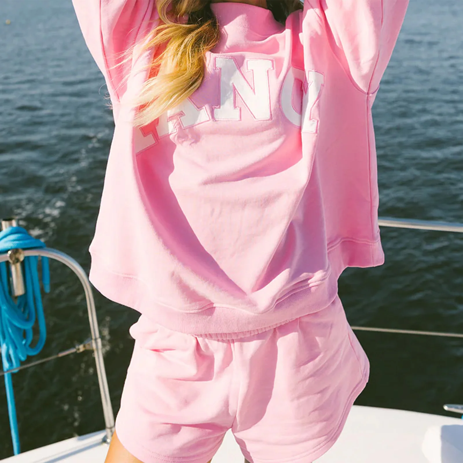 

Women's Autumn Sport Clothes Sets Loose Fit Casual Letter Embroidered Long Sleeve Sweatshirts and Wide Leg Shorts 2pcs Sets