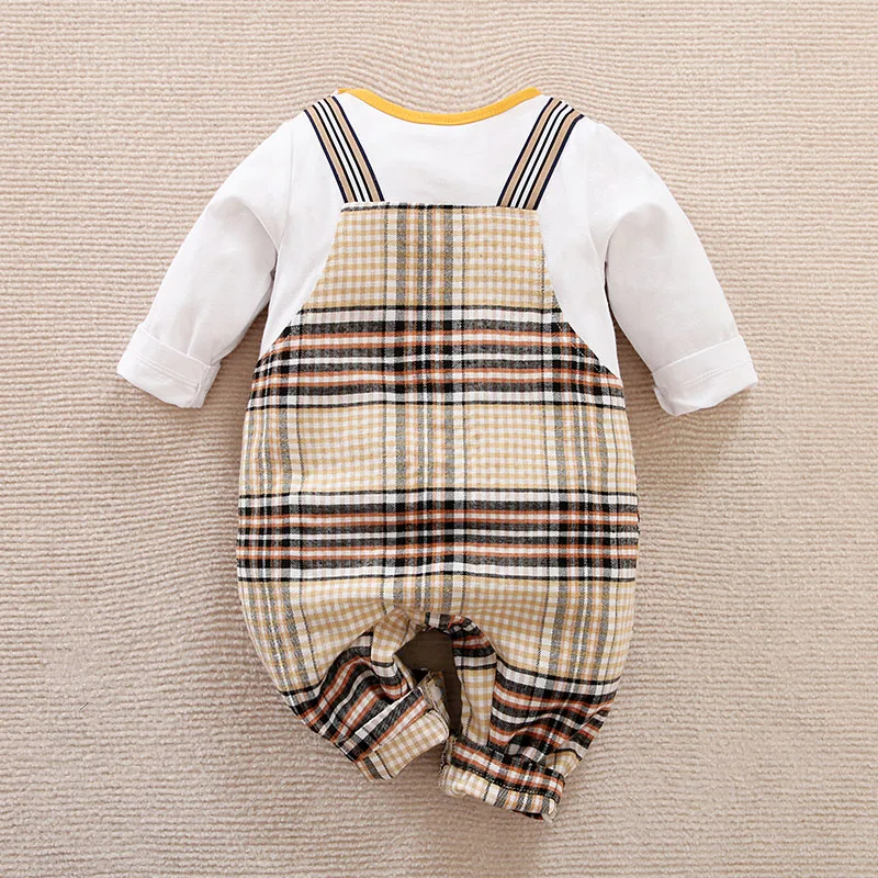 0-18 Baby Long Sleeved Jumpsuit With Plaid Gentleman Strap For Comfortable And Soft Spring And Autumn Newborn Clothes