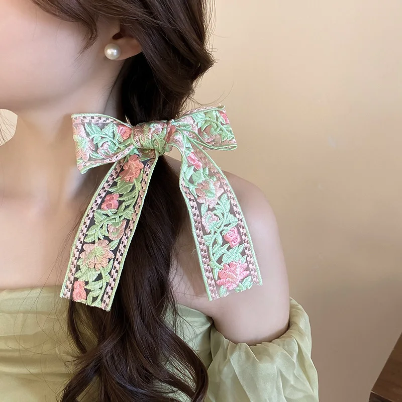 Embroidery Hair Bows Clip For Women Ponytail Girls Wedding Lace Ribbon Hairpins Barrette Hair Accessories