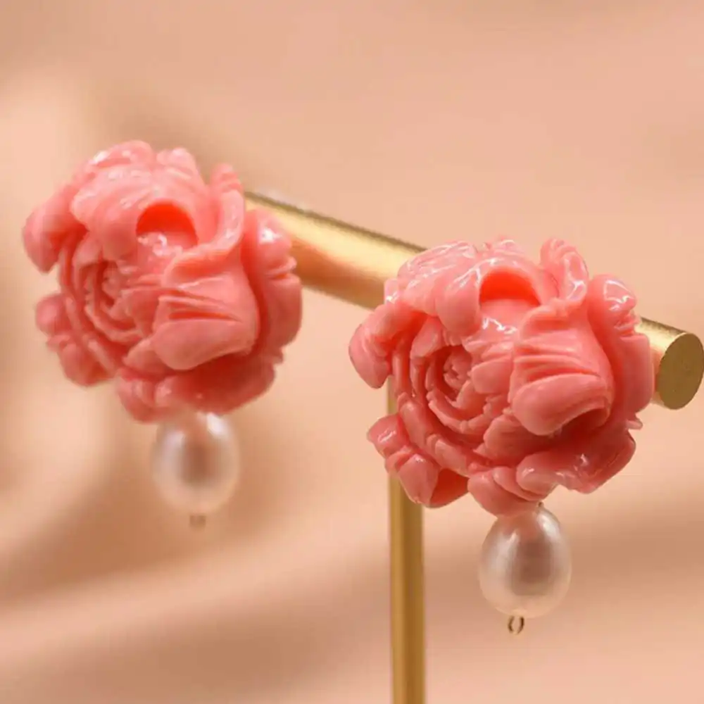 Coral flowers Baroque White pearl Earrings 14K Aquaculture Wedding Freshwater Classic