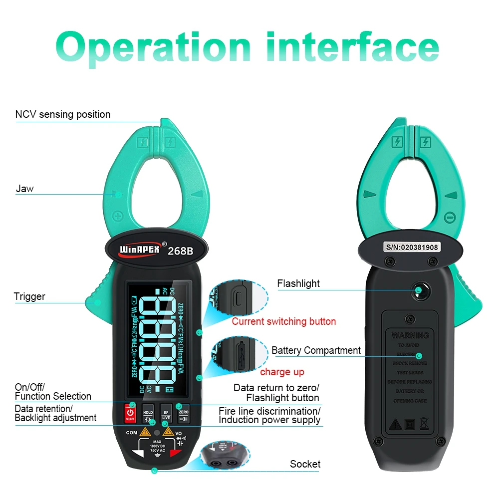 Smart Leakage Current Detect Clamp Meter 0.1mA True RMS 60A AC DC Voltage Capacitance Temp Type-C Screen Rotation NCV Multimeter