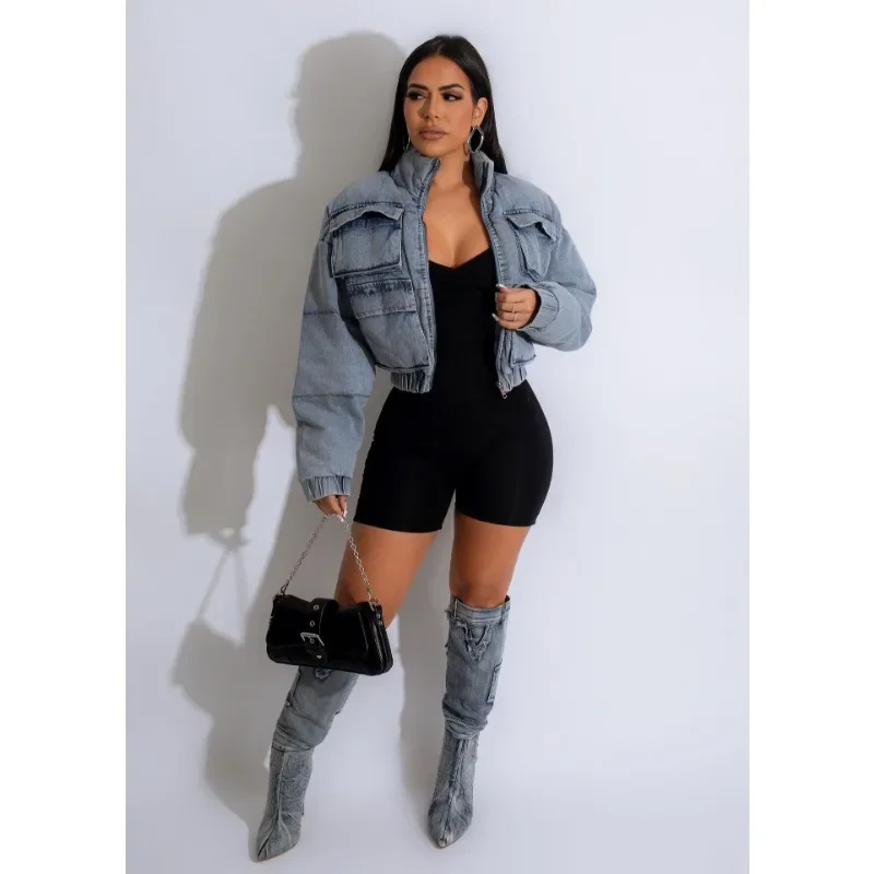 Multi Pocket Denim Parkas Cotton Jacket  for Women 2023 Autumn Fashion Soild Color Zipper Stand Collar Winter Coat Streetwear