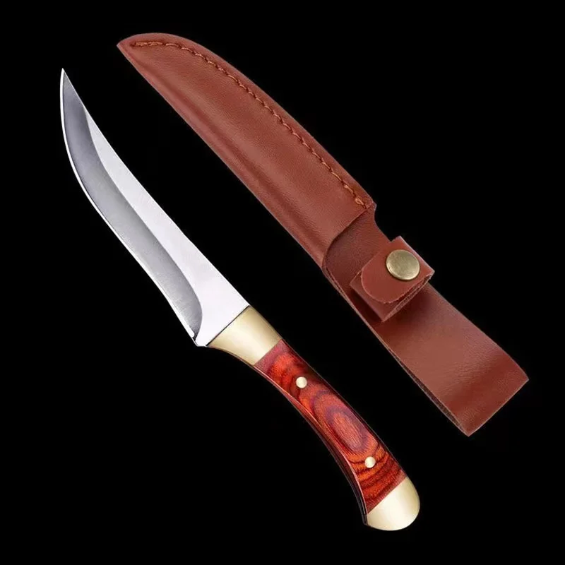 7.6-inch pocket knife with stainless steel blade and colorful wood handle with sheath, perfect for family camping barbecue