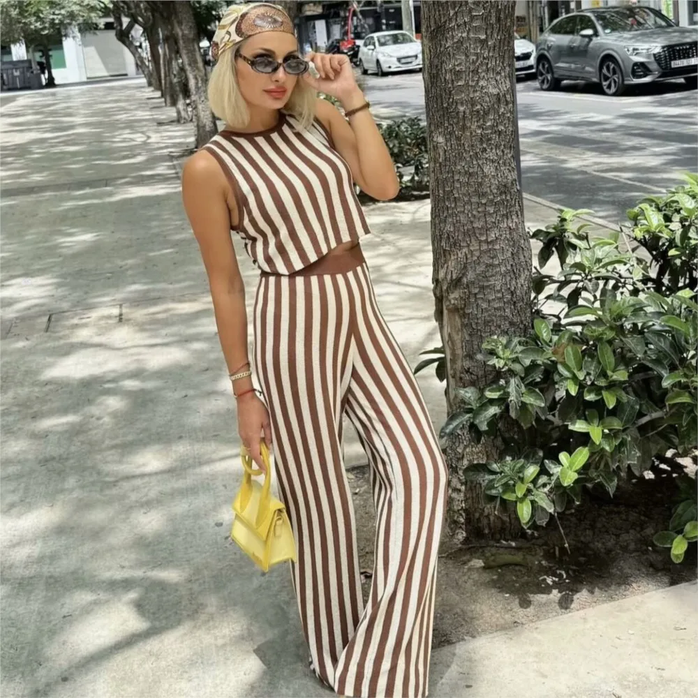 

Fashion Striped Print Knit Sleeveless Women's Trousers 2 Piece Spring Summer New Casual Vest Wide Leg Long Trousers Female Suit