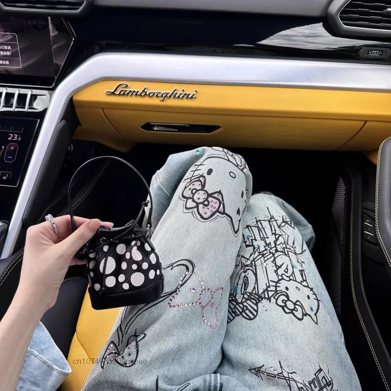 New Sanrio Hello Kitty Cartoon Graffiti Women Jeans Diamond High Street Y2k Cool Girl Denim Trousers Loose Casual Wide Leg Pants