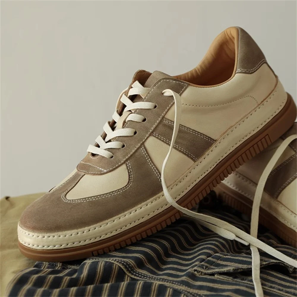 Retro Style British Genuine Leather Color Blocked Distressed Low Top Casual Shoes Breathable Thick Soled Stitched Training Shoes