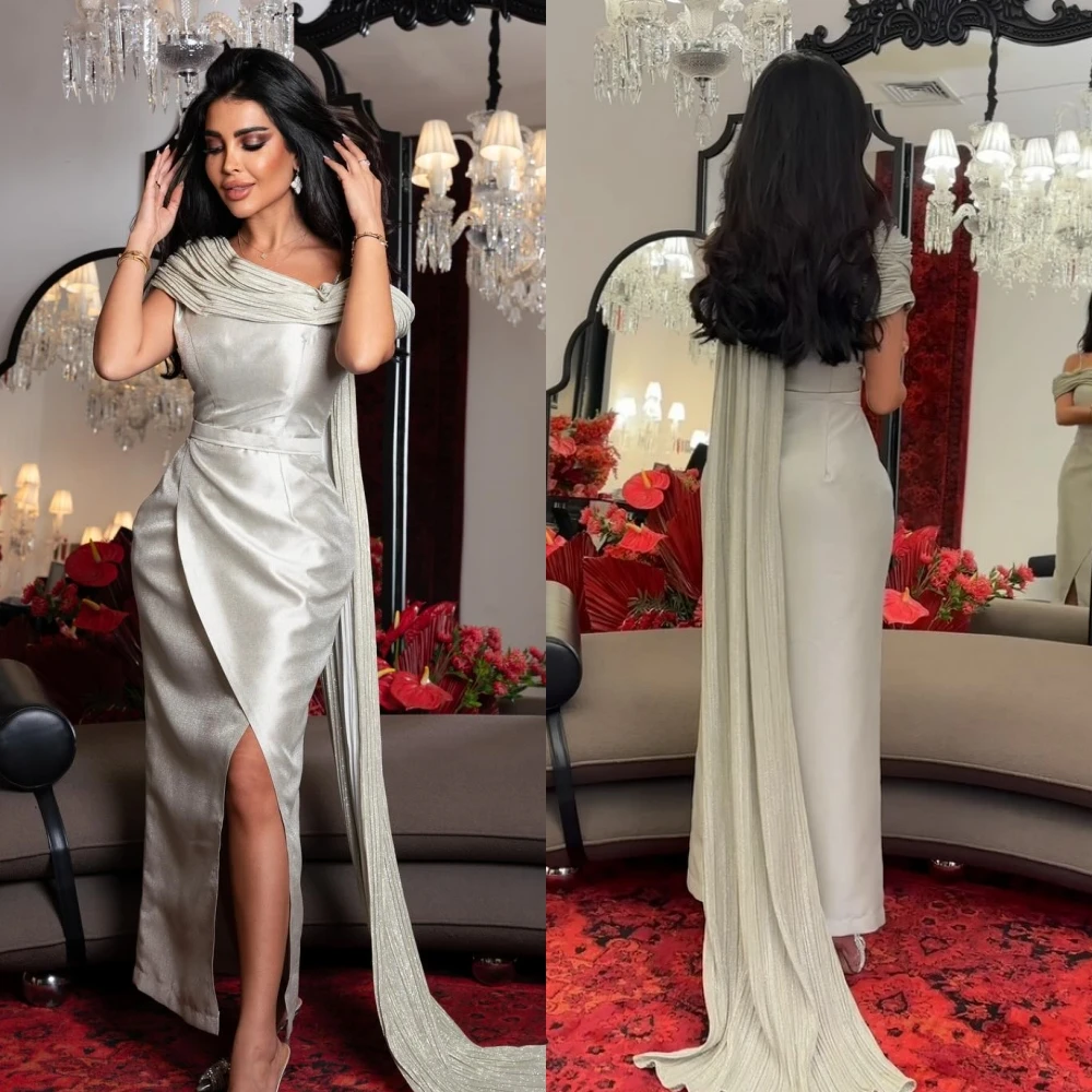 Simple Formal Evening Off the Shoulder A-line Pleat Ankle-Length Satin Bespoke Occasion Dresses  